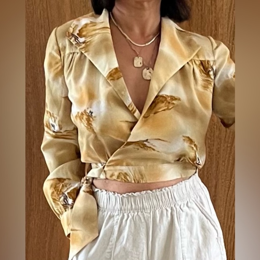 Vintage Handmade SURF PRINT Wrap Blouse • Boho Beach Art Top • XS/S